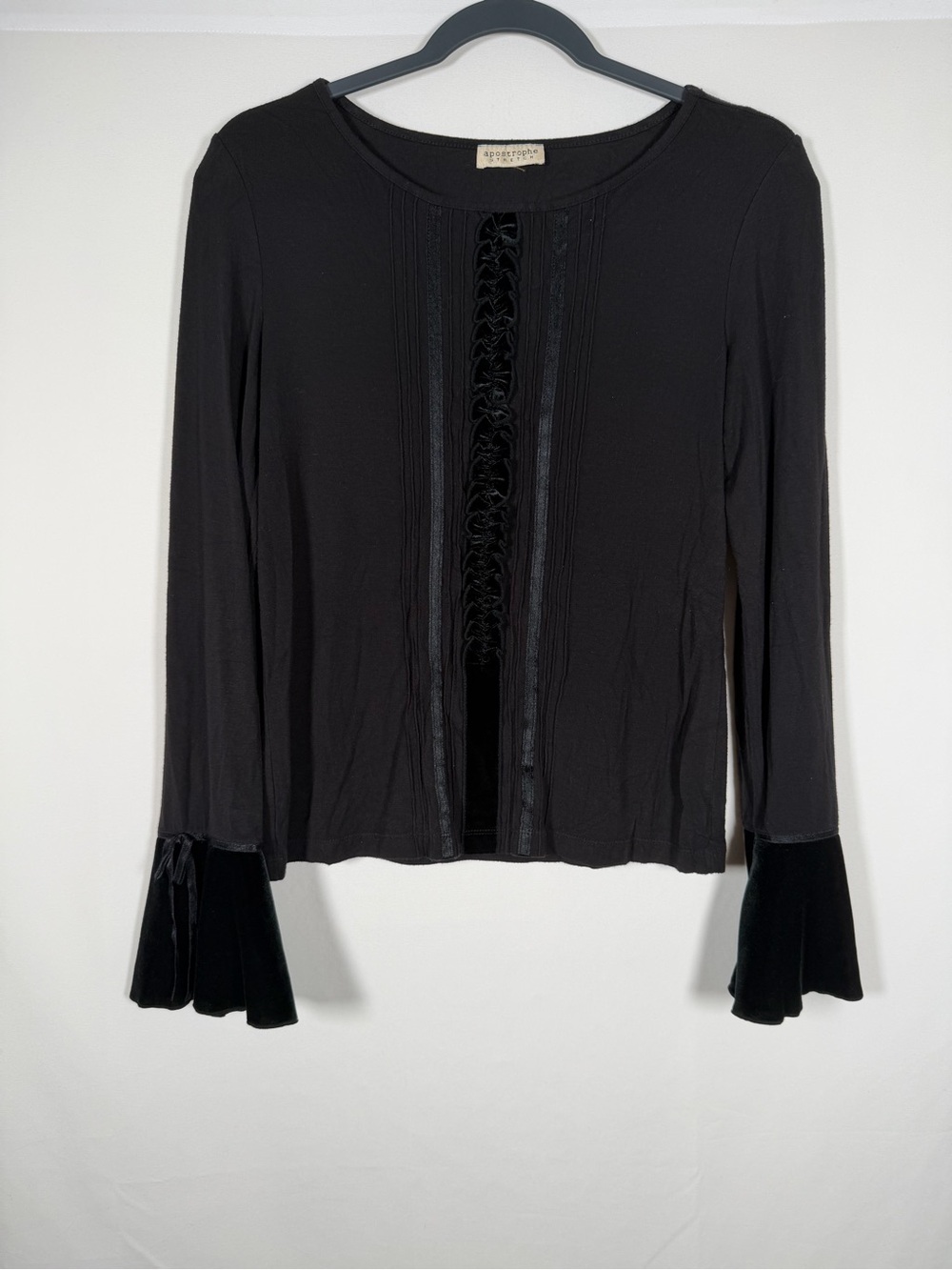 Vintage Y2K Apostrophe Black Velvet Flare Long Sleeve Top Whimsigoth, Vamp Fairy